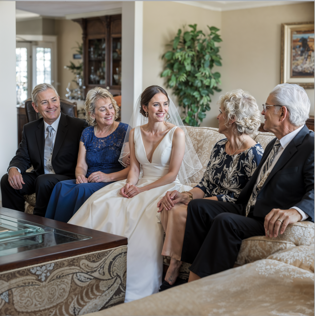 A bride in a white wedding gown and veil sits on a sofa, smiling and surrounded by her family. To her left are her parents, dressed in formal attire, with her mother in a blue lace gown and her father in a black suit. To her right are her grandparents, also dressed elegantly, with her grandmother in a floral-patterned dress and her grandfather in a suit and tie. The family shares a warm, joyful moment together in a beautifully furnished living room, with soft lighting and a green plant in the background. The atmosphere is intimate and celebratory, capturing the love and support of family on the bride’s special day.