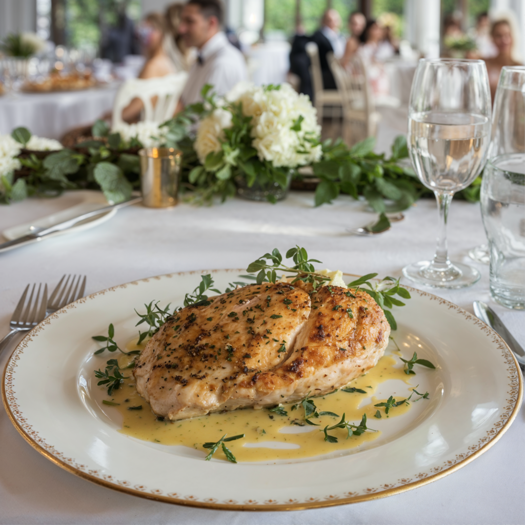 A beautifully plated roasted chicken breast, garnished with fresh herbs and served in a creamy sauce, is placed on an elegant, gold-rimmed plate. The setting appears to be at a wedding reception, as seen from the floral centerpiece and the blurred background of guests seated at tables dressed in formal attire. Wine glasses and polished silverware complement the sophisticated table arrangement. The overall scene conveys a refined and celebratory atmosphere, with attention to detail in both the meal presentation and the décor.