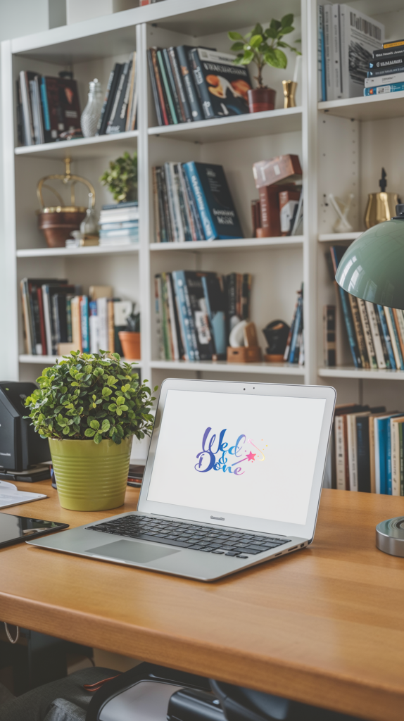 A home office setup featuring a white MacBook with a white screen that shows the Wed&Done logo, on a wooden desk, surrounded by potted plants and bookshelves filled with various books and decor