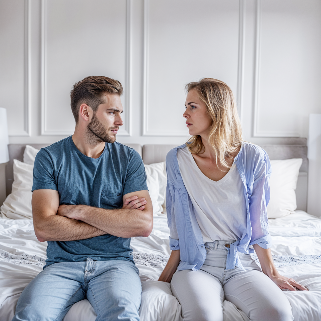 A couple sits on the edge of a bed, facing each other with serious expressions, indicating they are in the middle of an argument or difficult conversation. The man, wearing a blue t-shirt and light jeans, has his arms crossed and looks frustrated, while the woman, in a white shirt and light blue cardigan, sits with her hands resting on the bed and appears concerned. The room is bright and neutral, with white walls and pillows, creating a calm backdrop for the tense moment between them.