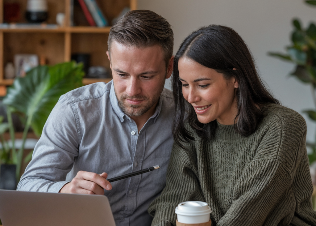 Couple sitting together at a wooden table, viewing wedding plans on a laptop while sipping coffee, representing teamwork in wedding planning.