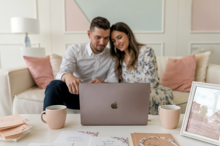 Engaged couple sitting on a couch reviewing wedding plans on a laptop, surrounded by wedding invitations and a framed engagement photo on the table