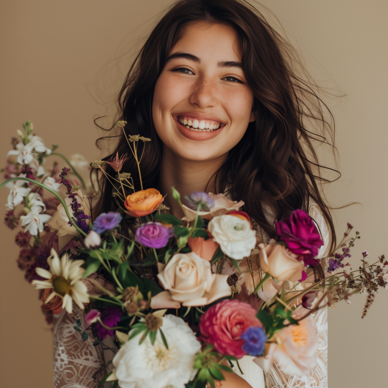 Smiling bride holding a vibrant bouquet of colorful flowers, including roses, daisies, and other mixed blooms, symbolizing joy and celebration.