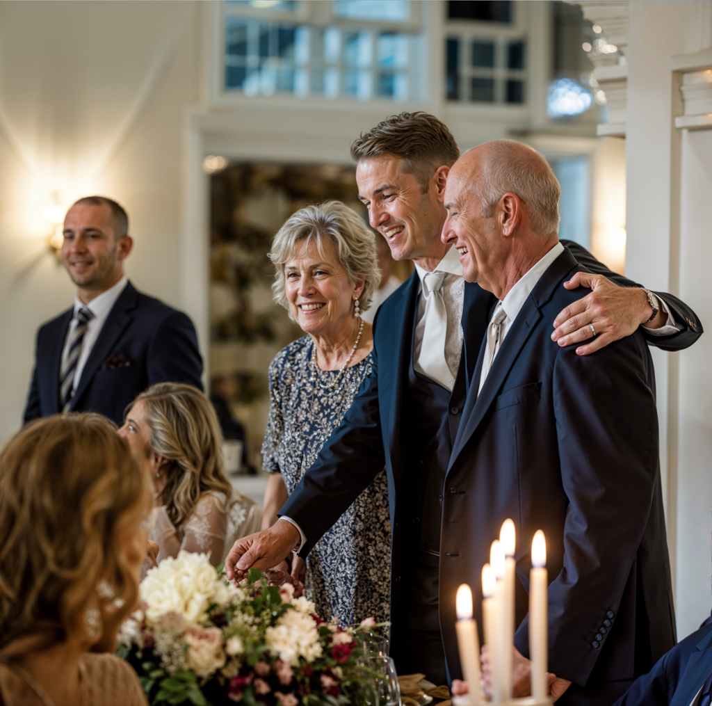 A groom, dressed in a dark suit and tie, stands arm in arm with his smiling parents during a wedding reception. His mother, wearing a patterned dress, and his father, in a formal suit, share in the joyous moment. In the foreground, a table is adorned with flowers and lit candles, adding warmth to the elegant setting. Other guests, dressed in formal attire, can be seen in the background, enhancing the celebratory atmosphere. The setting is well-lit, with large windows and chandeliers contributing to the sophisticated yet intimate ambiance of the event.