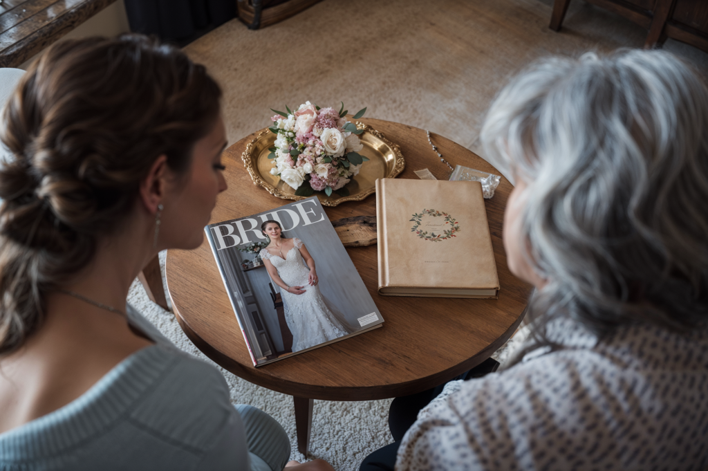 A bride-to-be and her mother are sitting together at a wooden table, looking at a bridal magazine with a wedding dress on the cover. Beside the magazine is a large beige wedding album with a floral wreath design on the cover, along with a delicate bouquet of roses and baby's breath on a gold tray. The scene captures a quiet, thoughtful moment as the pair reflect on wedding plans and memories. The room has a warm, cozy atmosphere, with soft lighting and personal touches adding to the sentimental occasion.