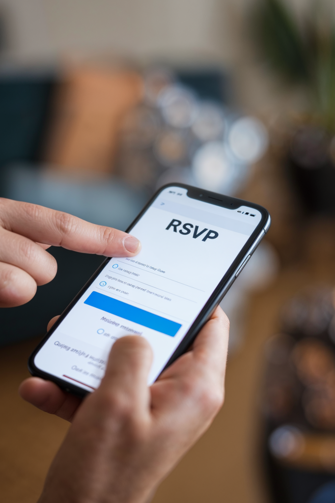 Person using a mobile phone to fill out a digital RSVP form for a wedding, highlighting the convenience of online wedding planning