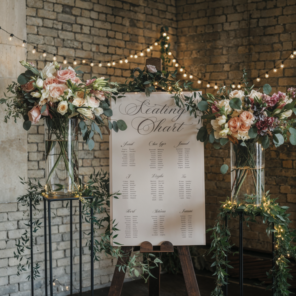 An elegantly arranged wedding seating chart displayed on an easel, framed by lush floral arrangements of soft pink, cream, and green foliage. The chart lists guest names in beautiful script under each table number. Warm string lights are draped along the exposed brick wall behind, adding a soft glow and romantic ambiance to the setting. This refined display, with its combination of classic florals and modern lighting, creates a welcoming and organized entrance for wedding guests to find their seats.