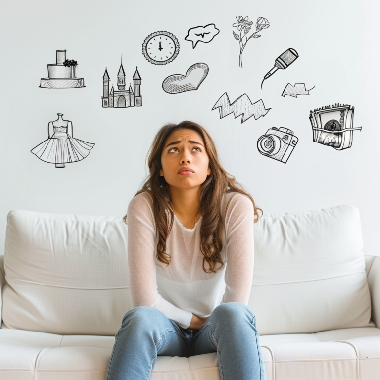 A worried bride-to-be sitting on a couch, surrounded by doodles of wedding-related items like a wedding cake, flowers, a dress, and a camera, representing the overwhelming aspects of wedding planning.