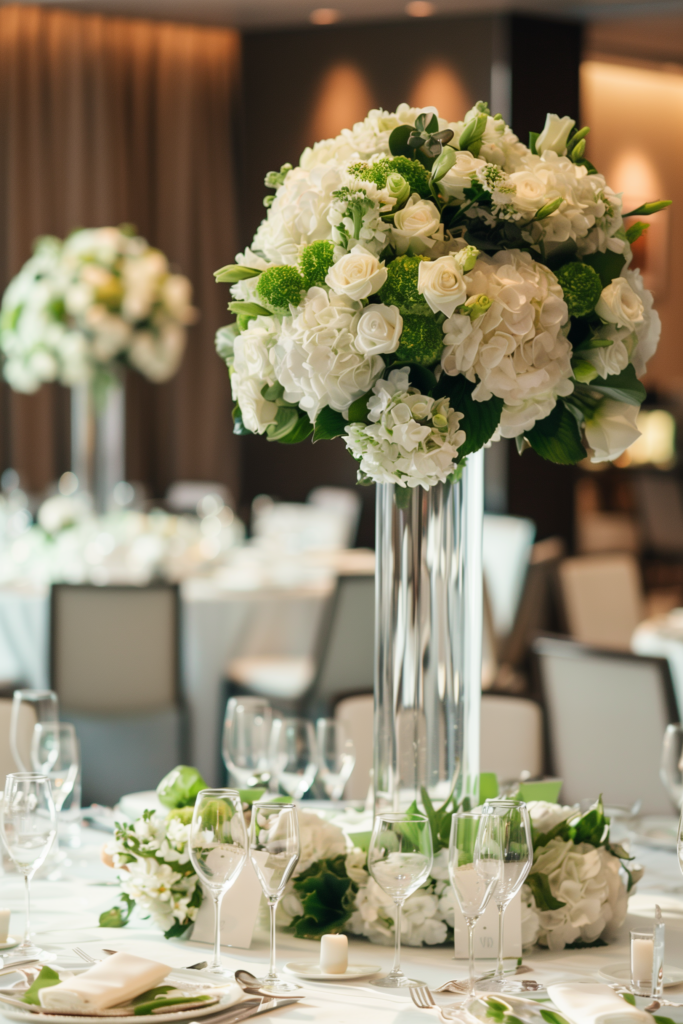 A tall, elegant wedding centerpiece featuring white roses, hydrangeas, and greenery in a clear glass vase, set on a beautifully arranged table with glassware and white linens, creating a sophisticated and luxurious atmosphere.