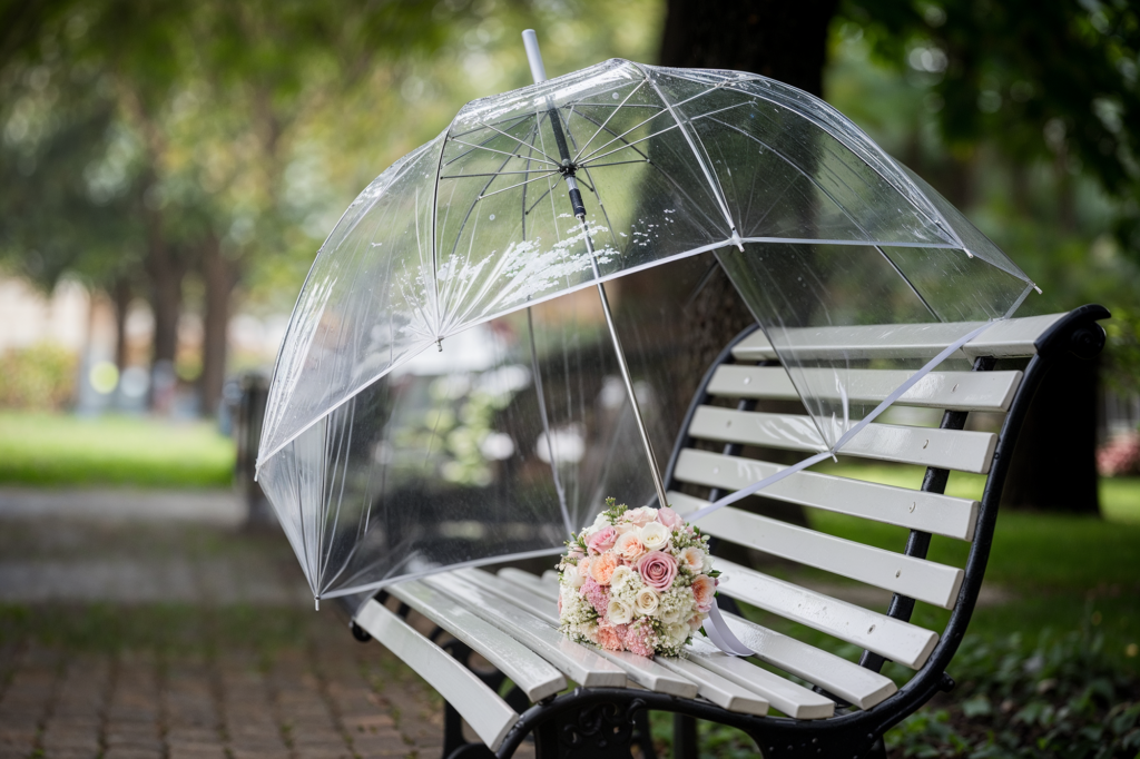 A clear umbrella is placed open on a white park bench, protecting a beautiful bridal bouquet made of pink and white roses, baby's breath, and other delicate flowers. The bench is wet from the rain, and the surrounding greenery in the background hints at a peaceful, tree-lined outdoor setting. Raindrops are visible on the umbrella, adding a soft, romantic touch to the scene.