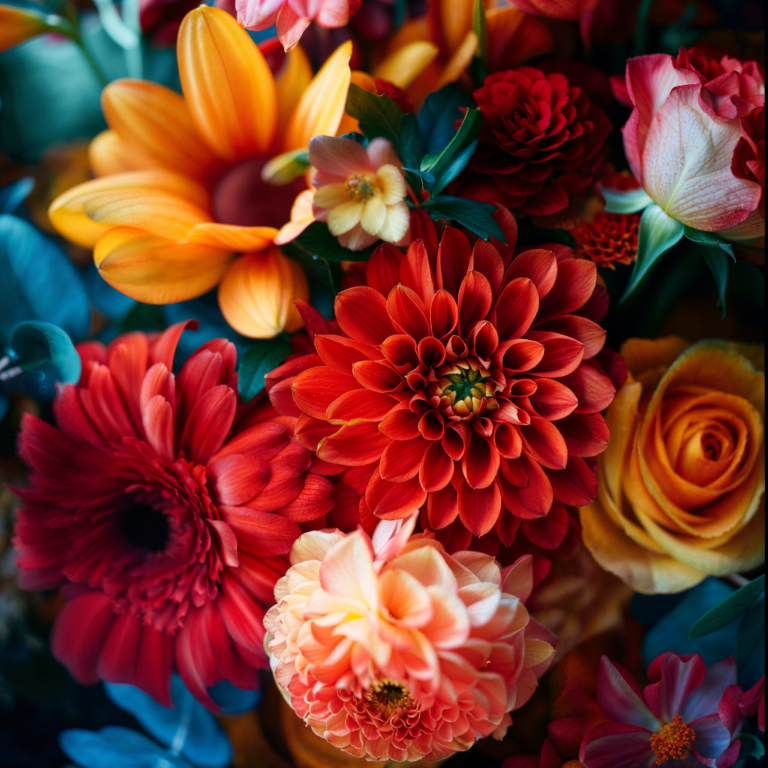 Close-up of a vibrant bouquet featuring a variety of colorful flowers, including bright red dahlias, orange daisies, pink roses, and other blooms with rich textures and hues.