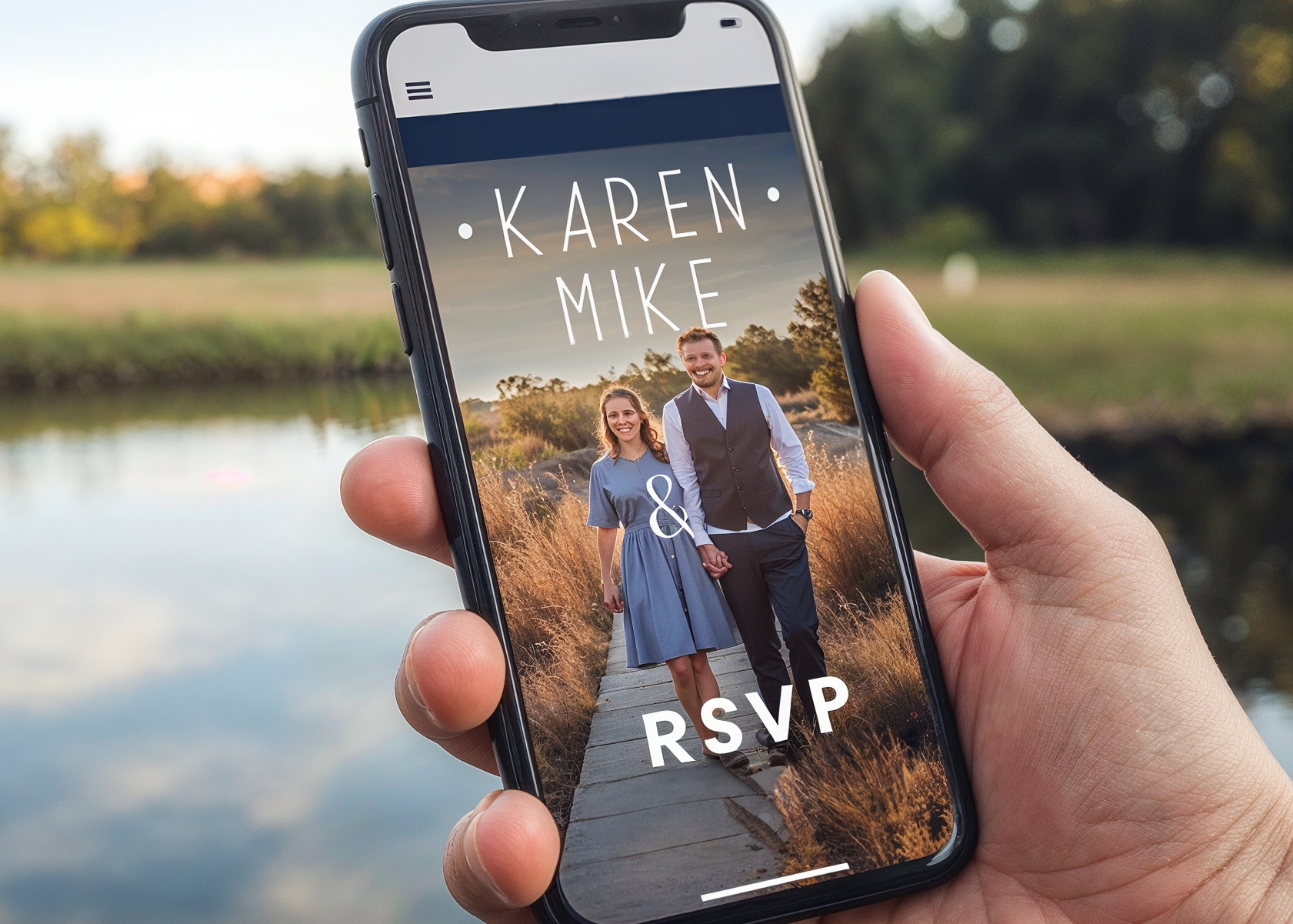 Hand holding a smartphone displaying a wedding website with an RSVP option, showcasing a personalized digital wedding invitation.