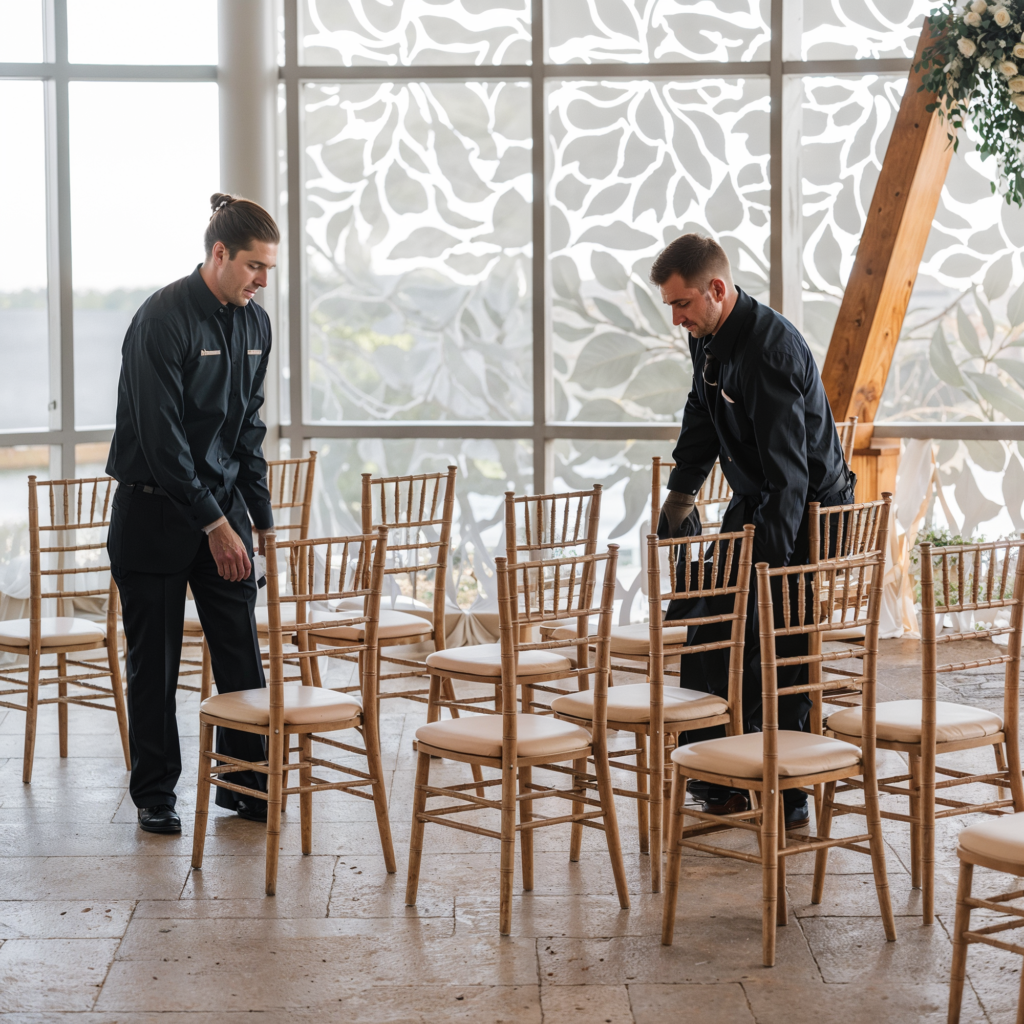 Two men dressed in black uniforms are arranging wooden chairs with cream-colored cushions in a bright, modern event space. The chairs are being carefully placed in rows, likely for a wedding or formal event. Large windows in the background let in natural light, showcasing a leafy, nature-inspired design on the glass. The venue features a wooden arch decorated with greenery and flowers, adding to the elegant and serene atmosphere of the space. The men’s focus on their task emphasizes the preparation involved in setting up the event.