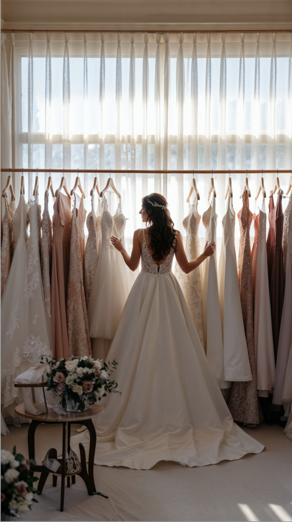 A bride, dressed in a flowing white gown with lace detailing, stands in front of a row of wedding dresses, gently touching the gowns as she admires them. The dresses, in various shades of white, ivory, and blush, hang neatly on wooden hangers in a beautifully lit bridal boutique. The soft light from the large window behind the bride illuminates the delicate fabrics, creating a serene and elegant atmosphere. A floral bouquet sits on a small table nearby, adding to the romantic ambiance as the bride contemplates her wedding day look.