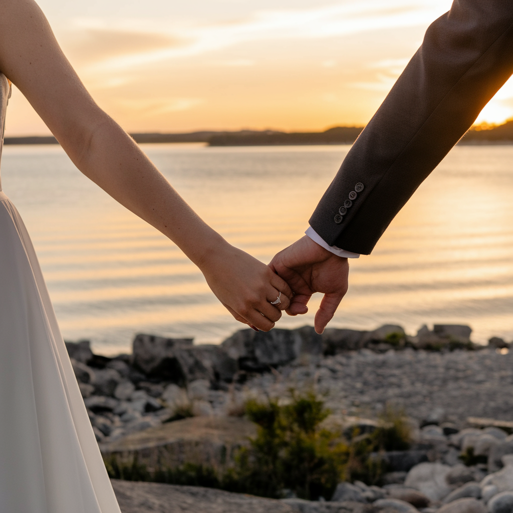 A serene photo of a couple holding hands on a rocky terrain near the water's edge at sunset. The woman is wearing a white dress and the man is wearing a suit. Their wedding bands are just visible on their left ring fingers. The sky has a golden hue and the water reflects the sky.