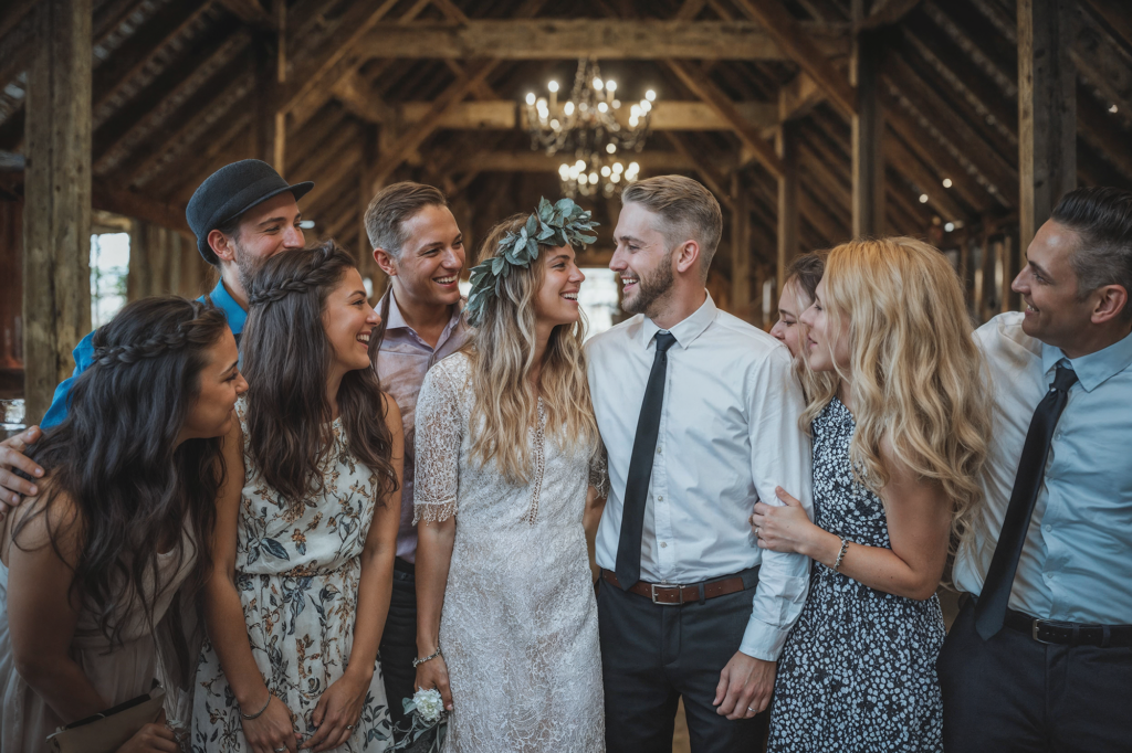 Newlywed couple surrounded by a group of friends, smiling and celebrating together in a rustic, barn-style wedding venue.