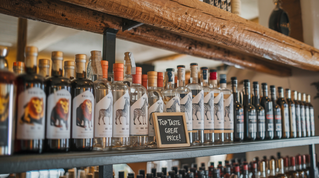 A display of liquor bottles is neatly arranged on a middle shelf, showcasing various brands with unique labels, including one featuring a lion and another with a zebra. The bottles have a mix of cork and screw-top lids, and a small chalkboard sign in front of the display reads, "Top Taste, Great Price!" The wooden beam above the shelf adds a rustic charm to the setting, suggesting the display is in a cozy bar or liquor store. The warm lighting enhances the inviting atmosphere, encouraging customers to browse and explore the selection.