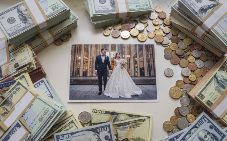 A wedding photograph of a bride and groom is placed on a table surrounded by large stacks of U.S. dollar bills and scattered coins. The couple, dressed in formal attire, is holding hands in the picture, with the bride in a white gown and the groom in a navy suit. The image conveys the financial aspect of weddings, with the surrounding money emphasizing the cost involved in planning such an event. The bills and coins are neatly arranged, framing the wedding photo in a symbolic representation of wedding expenses.