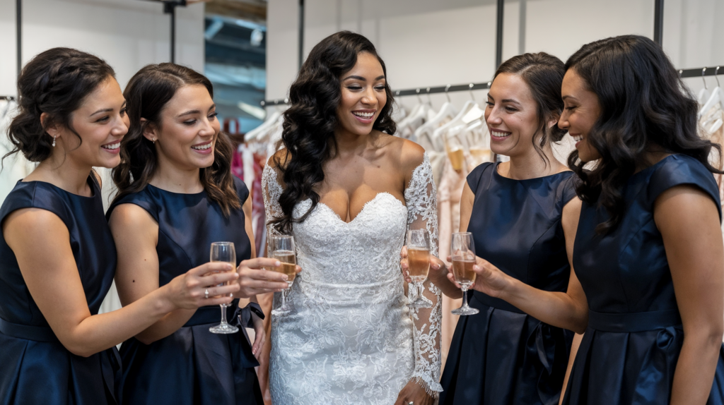 Black bride in a lace wedding gown celebrating with her bridesmaids, all wearing navy dresses, while sharing a toast with champagne glasses in a bridal shop