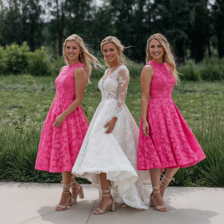 Bride standing between her two sisters, wearing a white lace wedding dress, while they wear bright pink lace dresses, outdoors on a sunny day.