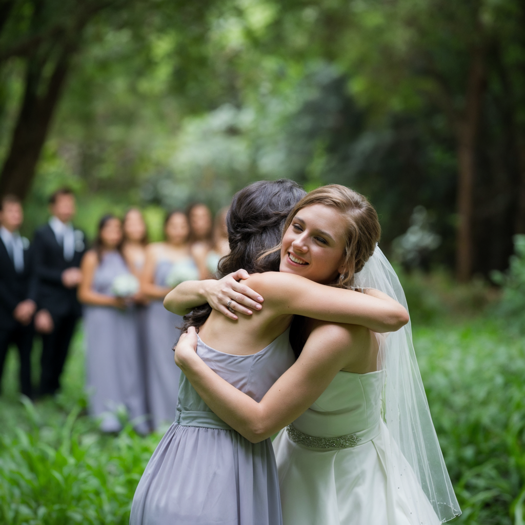 Bride in a white wedding gown hugging a bridesmaid in a lavender dress, surrounded by greenery, with the bridal party in the background.