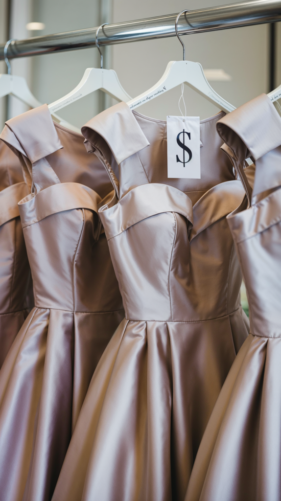 Three matching satin bridesmaid dresses on hangers, with a price tag showing a dollar sign, displayed on a clothing rack.