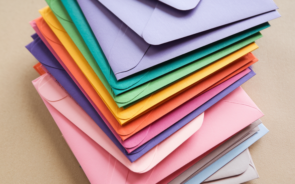 A stack of brightly colored envelopes, arranged neatly, sits on a surface. The envelopes come in various vibrant shades, including purple, green, blue, orange, pink, and yellow. The smooth texture and clean folds of the envelopes suggest they are new and ready to be used for invitations, cards, or letters. The variety of colors adds a playful and cheerful aesthetic, evoking themes of celebration or special occasions such as weddings, parties, or events.