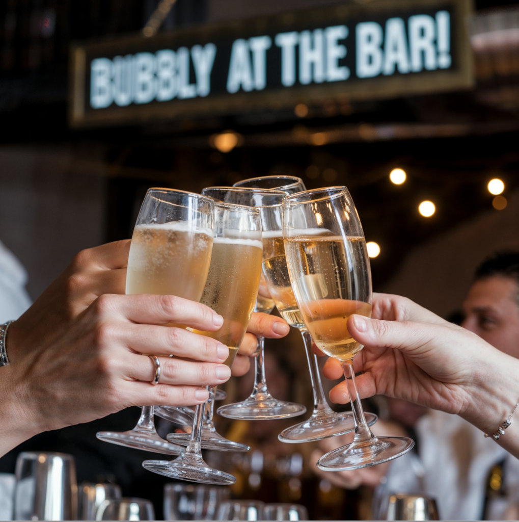 A group of people raising their champagne glasses in a celebratory toast at a bar. The glasses are filled with bubbly champagne, capturing the moment of joy and togetherness. In the background, a sign reads "Bubbly at the Bar!" adding to the festive atmosphere. The setting has warm lighting and a lively ambiance, perfect for a wedding reception or a celebratory event.