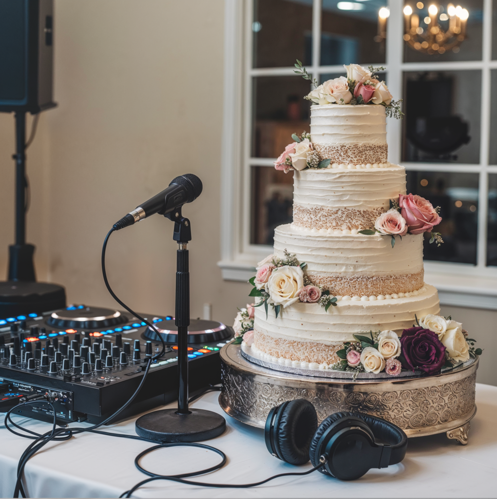 A beautifully decorated four-tiered wedding cake is displayed on an ornate silver cake stand. The cake features white frosting with a semi-naked design and is adorned with fresh roses in shades of pink, white, and burgundy, along with greenery accents. Next to the cake, there is a microphone on a stand, a DJ mixer with colorful lights, and a pair of black headphones resting on the table, indicating preparations for a wedding reception. A chandelier is visible through a nearby window, adding a touch of elegance to the setting.