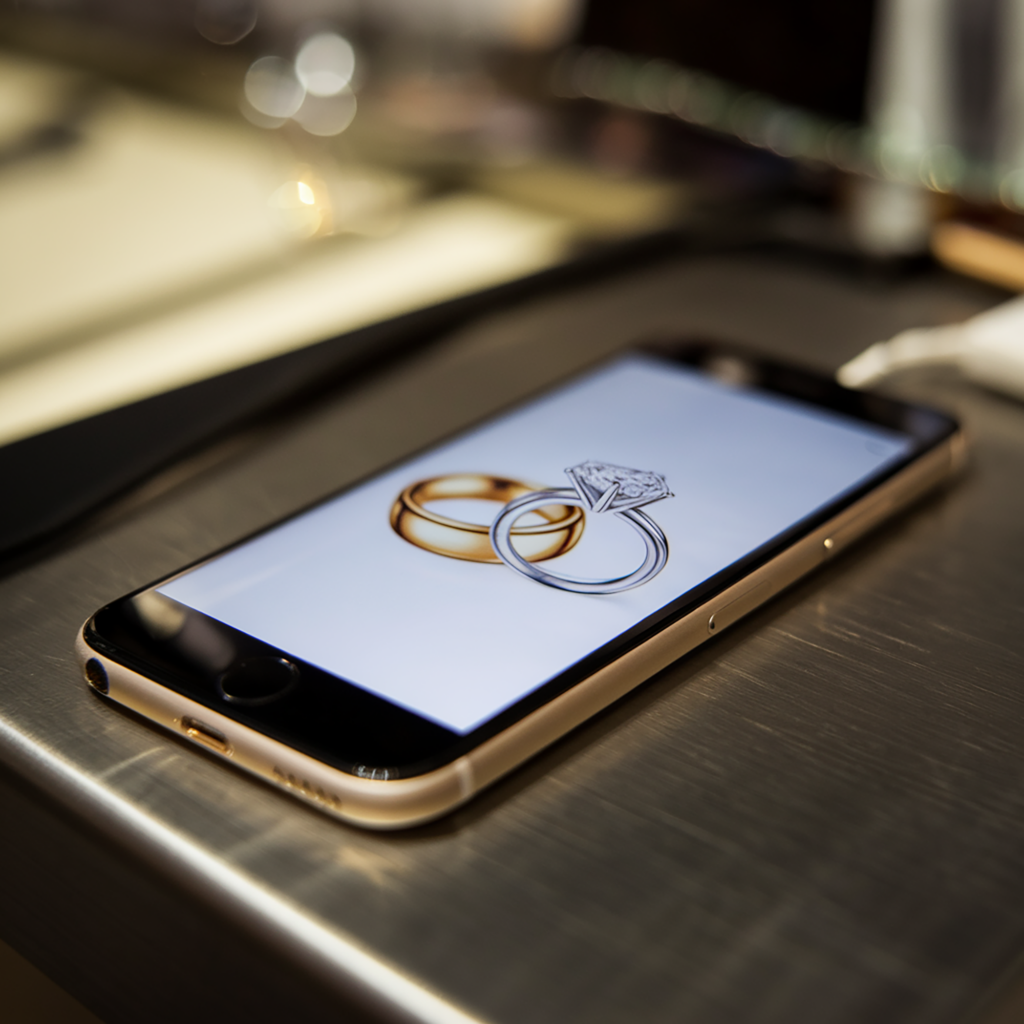 A smartphone lies on a table, displaying an image of two wedding rings on its screen. One is a classic gold band, and the other is a silver engagement ring with a large diamond. The phone is gold-colored, and the soft lighting in the background creates a reflective glow on the table's surface, adding a sleek and modern touch to the scene. The image of the rings symbolizes the concept of marriage or engagement, highlighting the connection between technology and wedding planning.