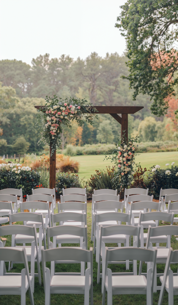 An outdoor wedding ceremony setup featuring rows of white chairs arranged on a grassy lawn, leading up to a wooden arch adorned with lush greenery and pastel-colored flowers. The background consists of a beautifully landscaped garden and trees, creating a serene and romantic atmosphere. The arch is decorated with a floral arrangement at the top and on one side, framing the natural scenery. The peaceful setting evokes the charm and intimacy of a garden wedding.