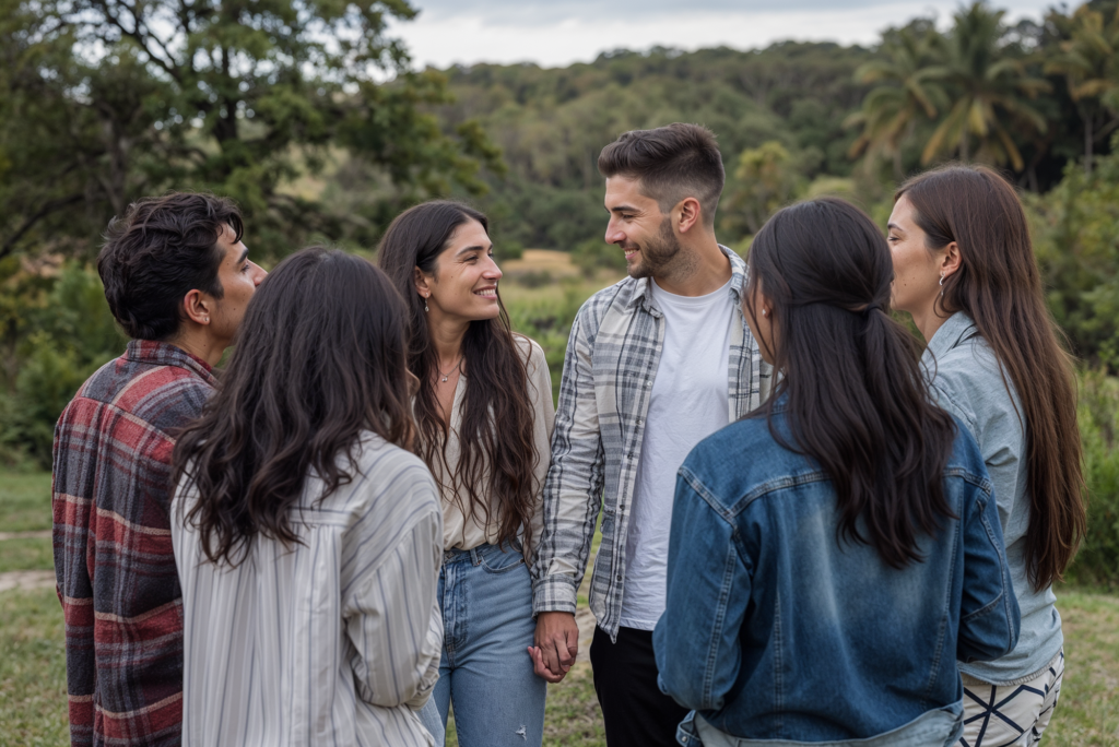 A group of six friends stands together outdoors, forming a close-knit circle in a lush, natural setting. Two of them, a man and a woman, are holding hands and smiling warmly at each other, creating a sense of connection and camaraderie. The group is dressed casually, with a mix of plaid shirts, denim jackets, and relaxed clothing, enjoying a moment of friendship in the open air. In the background, the greenery of trees and hills adds to the serene and peaceful atmosphere of the gathering.