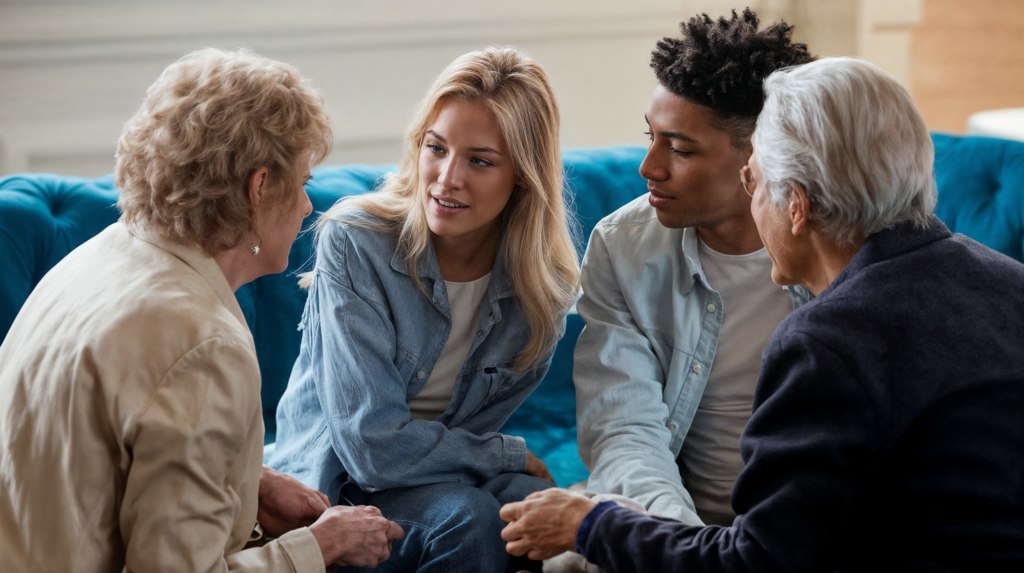 A family of four, two older adults and a young couple, sitting together on a blue couch, engaged in a serious conversation. The young couple looks attentively at the older individuals, suggesting an important discussion or advice being shared.