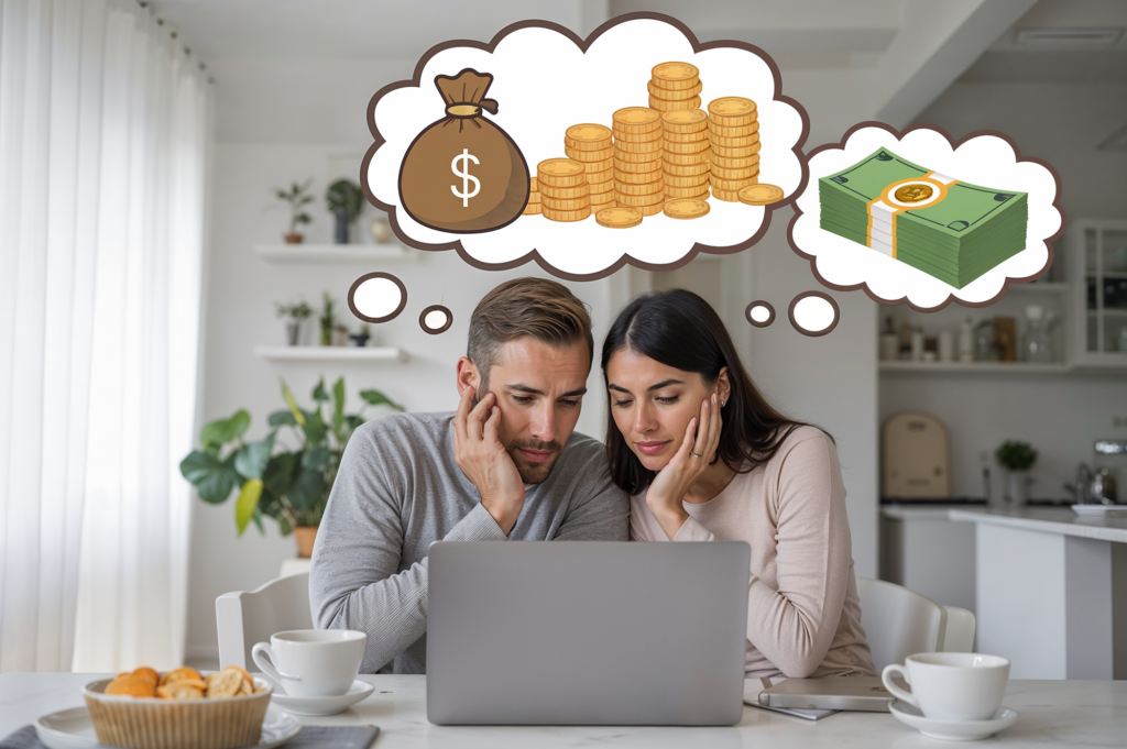 A couple sits at a table in a modern, bright kitchen, looking thoughtfully at a laptop in front of them. Both appear focused, resting their chins in their hands. Above their heads are illustrated thought bubbles depicting a bag of money, stacks of gold coins, and a pile of cash, indicating that they are thinking about financial matters. The kitchen has a clean, minimalist design with plants and shelves in the background. Cups of coffee and a plate of pastries are on the table, adding a casual, homey feel to the scene.