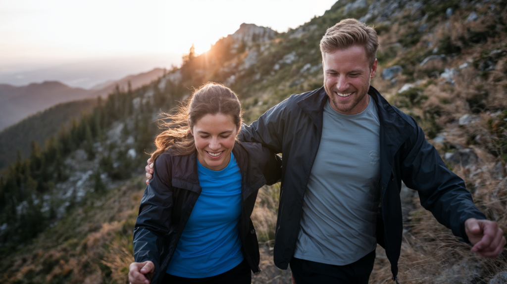 Happy couple hiking up a mountain trail during sunset, smiling and enjoying an outdoor adventure in nature