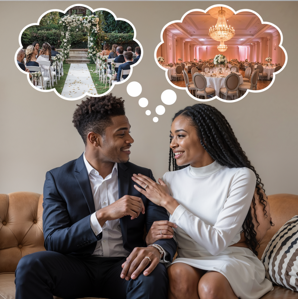 A joyful engaged couple sits together on a couch, smiling and looking at each other, as they imagine their upcoming wedding day. Thought bubbles above their heads show two different wedding scenes: the woman envisions an outdoor ceremony with a floral arch and seated guests, while the man imagines an elegant indoor reception with round tables, floral centerpieces, and grand chandeliers. The couple is dressed in formal attire, with the woman in a white dress and the man in a suit, symbolizing their excitement and anticipation for their special day.