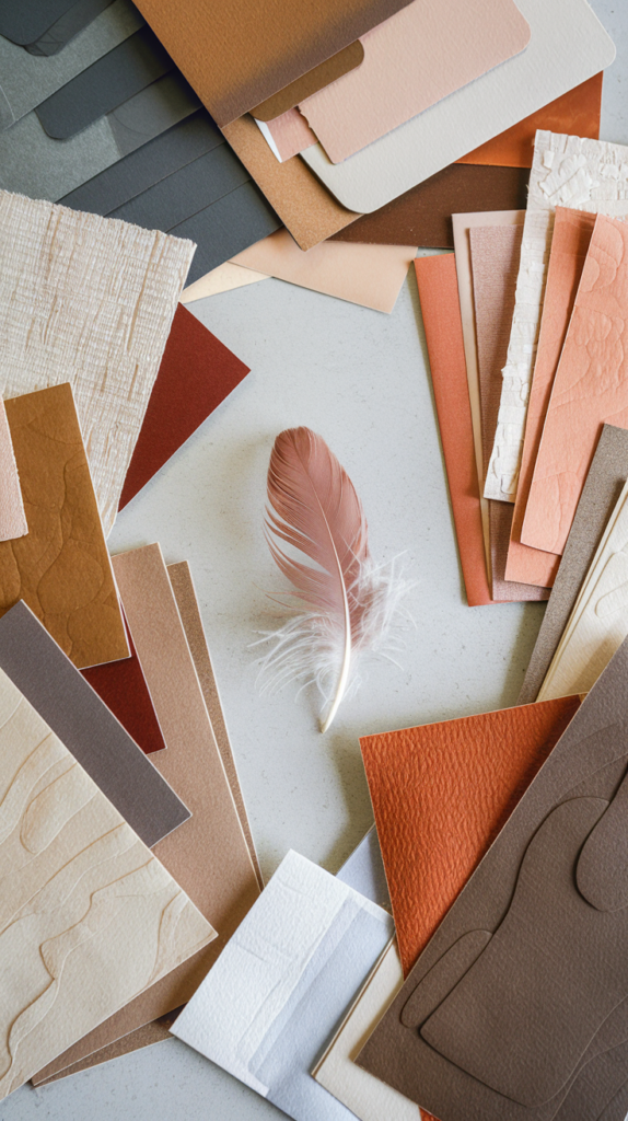 A soft, pink feather rests in the center of a collection of textured cardstock and paper samples, arranged in various shades of brown, beige, cream, and burnt orange. The different textures and patterns of the cardstock create a visually rich and tactile display. The arrangement of the materials, combined with the delicate feather, evokes a sense of natural beauty and craftsmanship, often associated with stationery, design, or event planning projects. The soft lighting emphasizes the warmth and subtle elegance of the colors and textures.