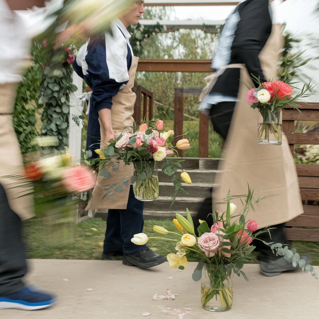 A group of florists wearing aprons move quickly, carrying glass vases filled with colorful floral arrangements of tulips, roses, and greenery. The motion of the florists is slightly blurred, emphasizing the busy and dynamic nature of setting up for an event, likely a wedding or celebration. The vibrant flowers stand out against the background of wooden structures and greenery, suggesting an outdoor venue. Some flower petals have fallen to the ground, adding a natural and spontaneous touch to the scene.