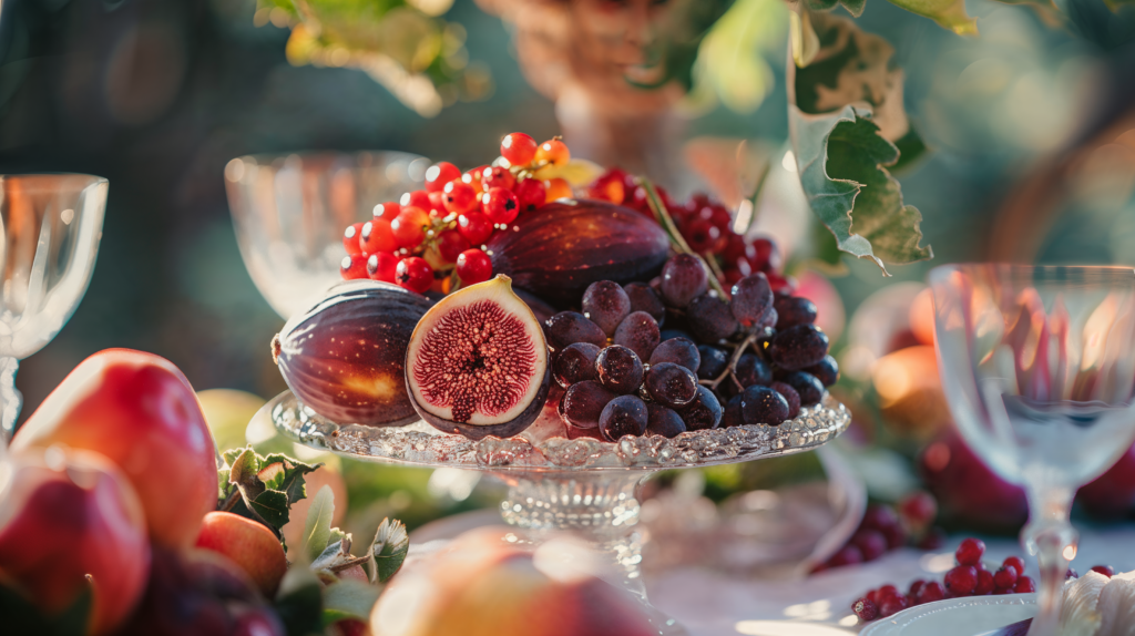 A beautifully arranged fruit centerpiece featuring ripe figs, grapes, red currants, and apples on a glass stand, adding an elegant and natural touch to a wedding tablescape.