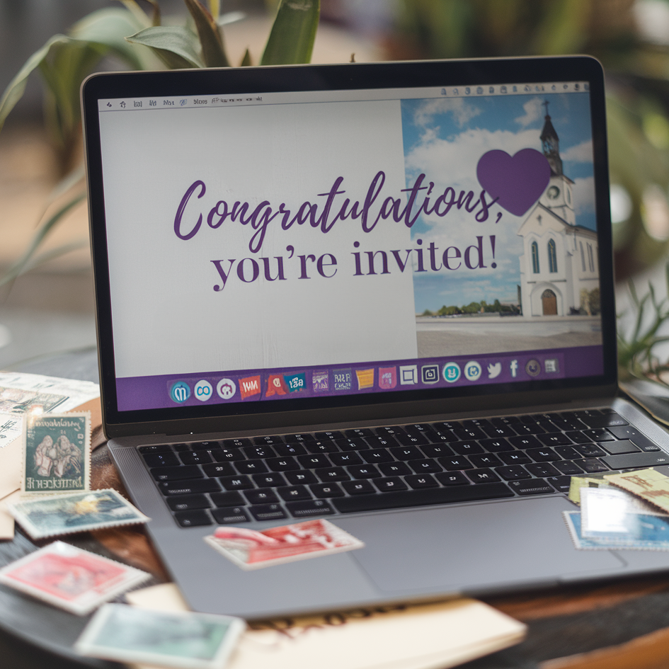 A laptop is open on a table, displaying a wedding or event invitation on the screen with the message, "Congratulations, you're invited!" written in elegant purple script. The screen also shows an image of a church in the background with a purple heart beside the text. Surrounding the laptop on the table are vintage postage stamps and envelopes, adding a nostalgic and personal touch to the scene. The combination of digital and traditional elements suggests both modern and classic approaches to sending invitations. A plant in the background adds warmth to the setting.