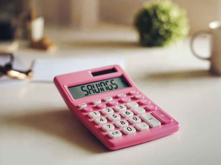 A bright pink calculator sits on a desk with the word "SAVINGS" displayed on its screen. The calculator's white buttons stand out against the pink, adding a playful touch to the workspace. In the background, a blurred scene includes a green plant, a mug, and scattered papers, suggesting an environment focused on budgeting or financial planning. The soft lighting and casual setting create a warm and approachable atmosphere for managing finances.