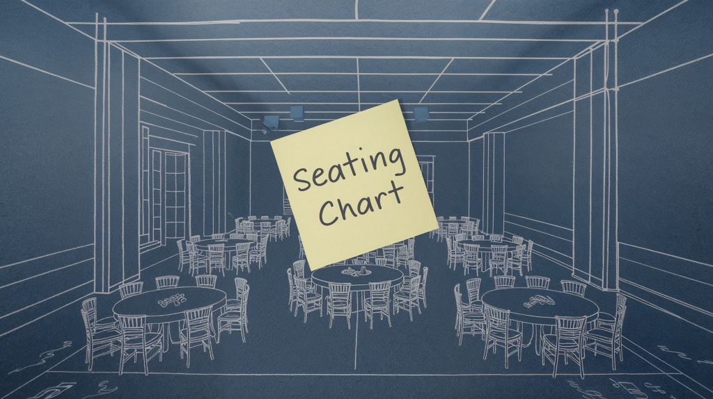 Blueprint-style sketch of a wedding reception room layout with round tables and chairs, featuring a sticky note labeled 'Seating Chart' placed in the center.