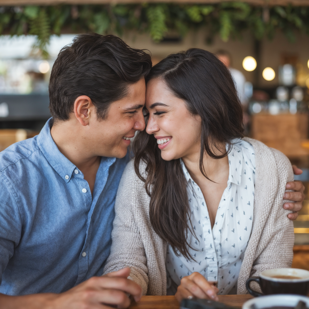 Hispanic couple sharing a tender moment in a cozy café, sitting closely together and smiling with their foreheads touching.