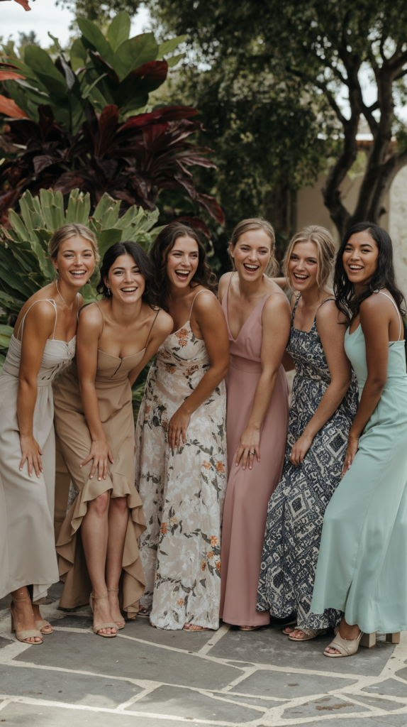 A group of six bridesmaids in colorful dresses, laughing and posing together outdoors, showcasing a variety of dress styles and colors.