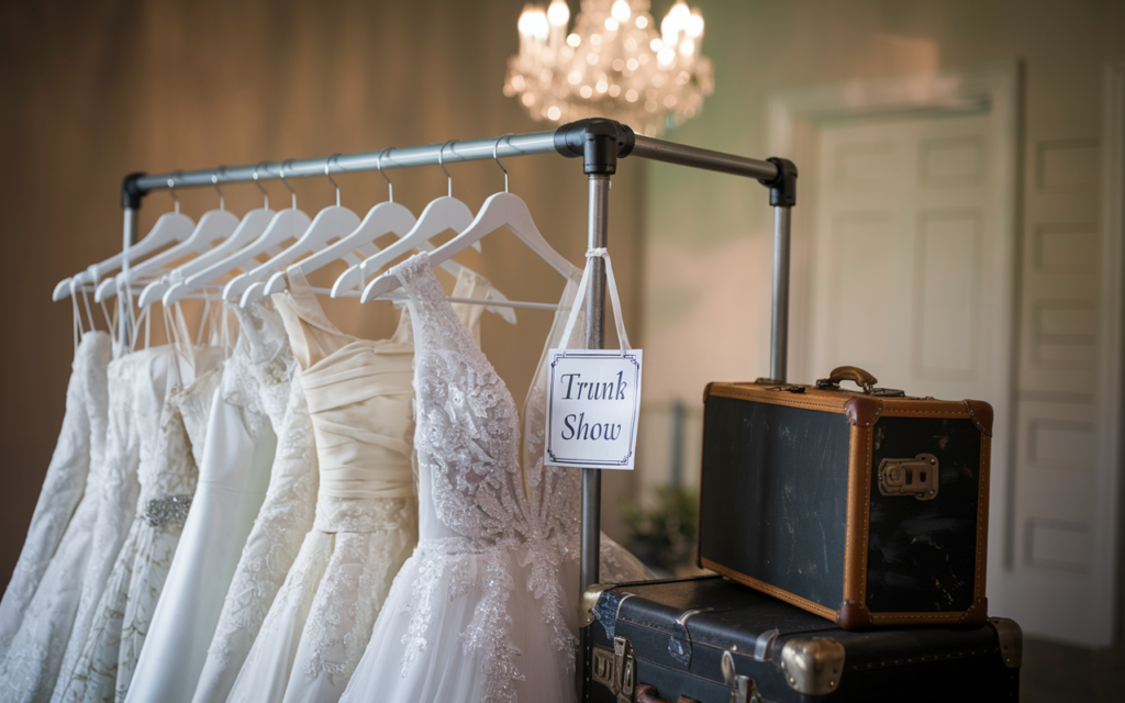 A clothing rack displays a collection of elegant white wedding dresses, each on a hanger, at a trunk show. The dresses feature a variety of designs, including lace, satin, and beaded embellishments. A small sign reading "Trunk Show" hangs from the rack, indicating the special event. Next to the dresses, vintage-style suitcases are stacked, adding a nostalgic and stylish touch to the display. A chandelier softly illuminates the scene, creating a luxurious and intimate atmosphere for brides-to-be to explore their dress options.