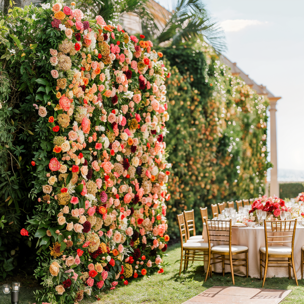 An outdoor wedding setup featuring a stunning flower wall with a mix of roses, dahlias, and other blooms in shades of pink, orange, and cream, creating a vibrant backdrop next to a table set with gold chairs for guests.