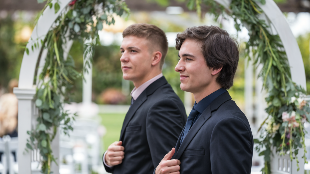 Two young men dressed in suits standing at the wedding arch, acting as ushers during an outdoor wedding ceremony.