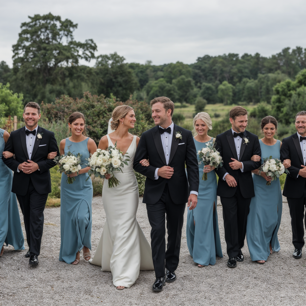 Bride and groom walking arm-in-arm with their bridesmaids and groomsmen, smiling and holding floral bouquets during an outdoor wedding procession.