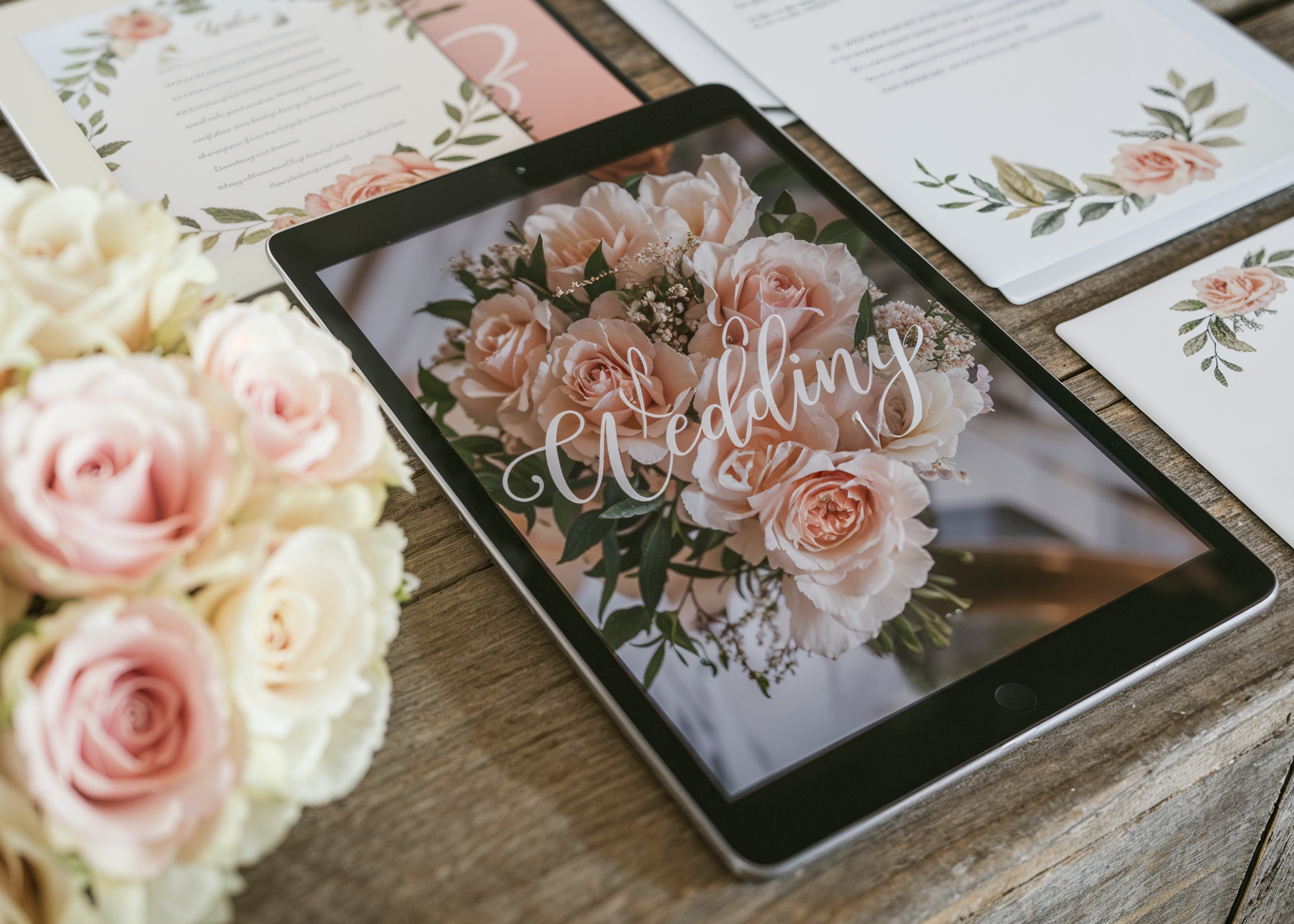 Elegant wedding invitation suite displayed alongside a tablet showing a wedding guide, surrounded by blush roses on a rustic table