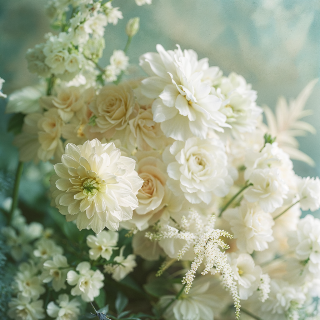 A soft, elegant arrangement of white and cream flowers, including roses, dahlias, and delicate greenery, creating a light and romantic feel.